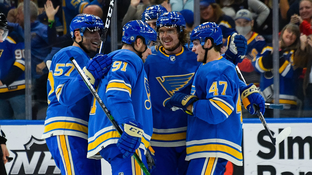 ST. LOUIS, MO - OCTOBER 30: Torey Krug #47 of the St. Louis Blues is congratulated after scoring a goal against the Chicago Blackhawks at the Enterprise Center on October 30, 2021 in St. Louis, Missouri.