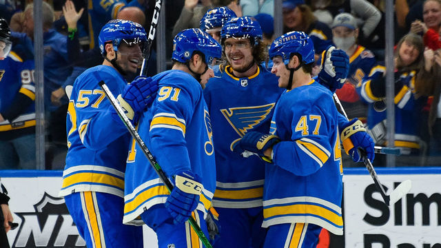 ST. LOUIS, MO - OCTOBER 30: Torey Krug #47 of the St. Louis Blues is congratulated after scoring a goal against the Chicago Blackhawks at the Enterprise Center on October 30, 2021 in St. Louis, Missouri.