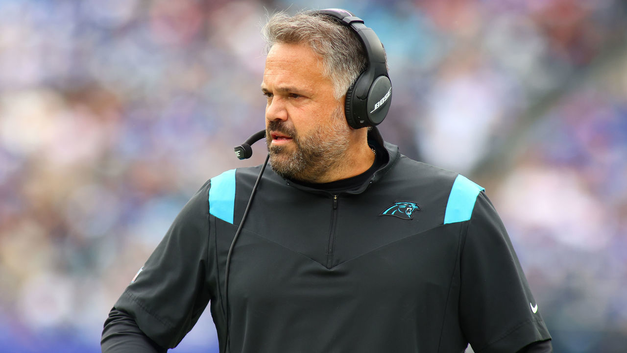 EAST RUTHERFORD, NEW JERSEY - OCTOBER 24: (NEW YORK DAILIES OUT) Head coach Matt Rhule of the Carolina Panthers looks on from the sidelines against the New York Giants at MetLife Stadium on October 24, 2021 in East Rutherford, New Jersey. New York Giants defeated the Carolina Panthers 25-3.