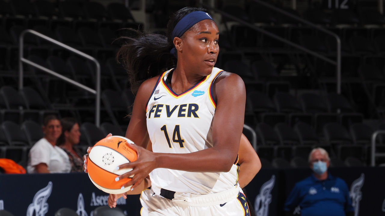 INDIANAPOLIS, IN - SEPTEMBER 6: Jantel Lavender #14 of the Indiana Fever handles the ball during the game against the Phoenix Mercury on September 6, 2021 at Bankers Life Fieldhouse in Indianapolis, Indiana. Mandatory Copyright Notice: Copyright 2020 NBAE