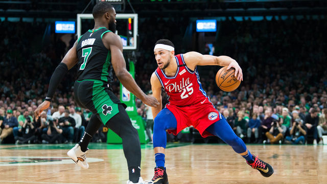 BOSTON, MA - FEBRUARY 1: Ben Simmons #25 of the Philadelphia 76ers is defended by Jaylen Brown #7 of the Boston Celtics in the first half at TD Garden on February 1, 2020 in Boston, Massachusetts.