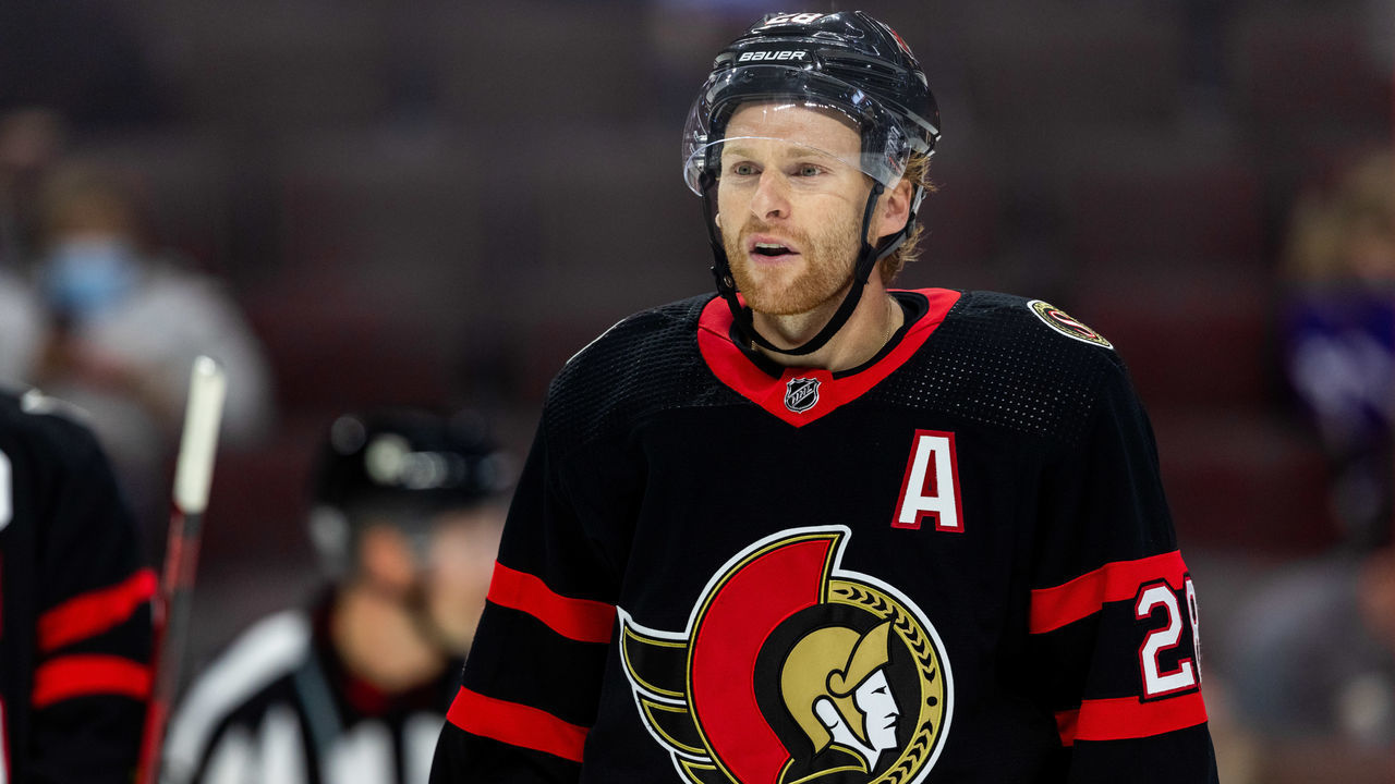 OTTAWA, ON - SEPTEMBER 29: Ottawa Senators right wing Connor Brown (28) talks to teammates before a face-off during third period National Hockey League preseason action between the Toronto Maple Leafs and Ottawa Senators on September 29, 2021, at Canadian Tire Centre in Ottawa, ON, Canada.