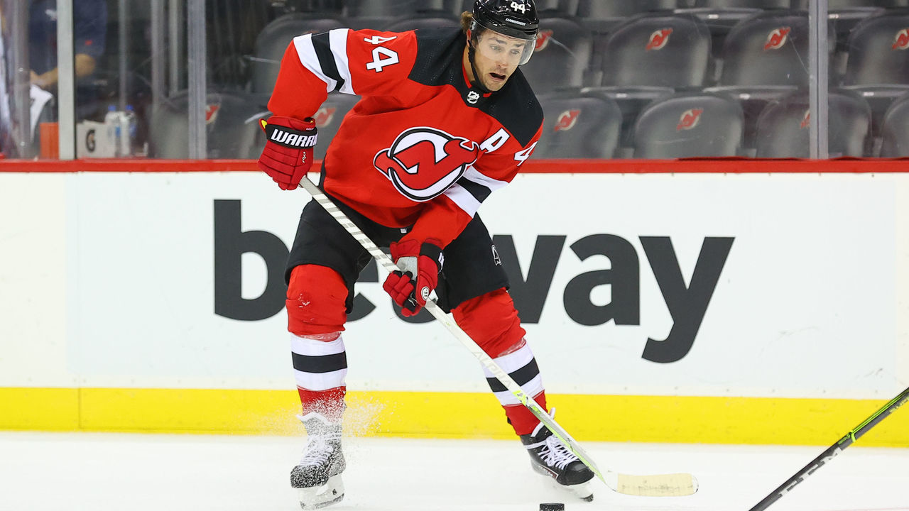 NEWARK, NJ - OCTOBER 04: New Jersey Devils left wing Miles Wood (44) during the pre-season National Hockey League game between the New Jersey Devils and the Washington Capitals on October 4, 2021 at the Prudential Center in Newark, NJ.