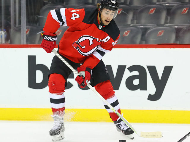 NEWARK, NJ - OCTOBER 04: New Jersey Devils left wing Miles Wood (44) during the pre-season National Hockey League game between the New Jersey Devils and the Washington Capitals on October 4, 2021 at the Prudential Center in Newark, NJ.