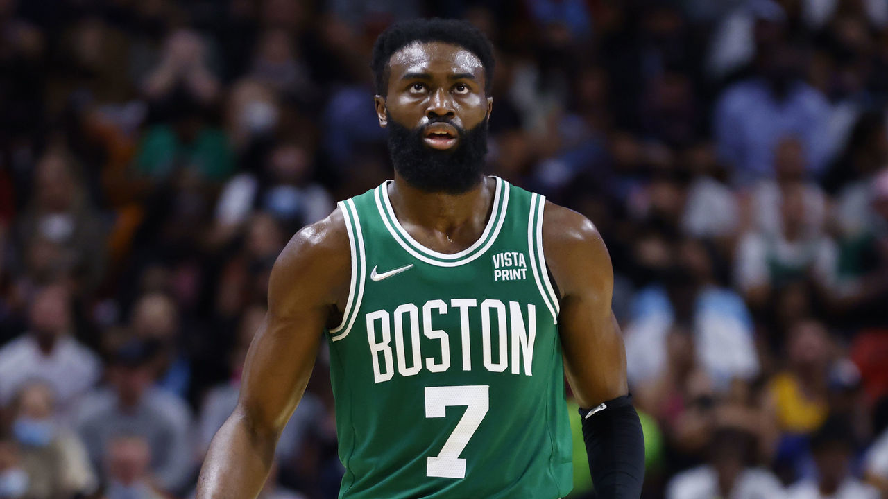 MIAMI, FLORIDA - NOVEMBER 04: Jaylen Brown #7 of the Boston Celtics reacts against the Miami Heat at FTX Arena on November 04, 2021 in Miami, Florida.