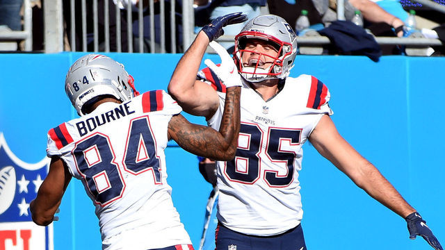 CHARLOTTE, NC - NOVEMBER 07: Hunter Henry #85 of the New England Patriots celebrates with Kendrick Bourne #84 following his touchdown against the Carolina Panthers at Bank of America Stadium on November 7, 2021 in Charlotte, North Carolina.