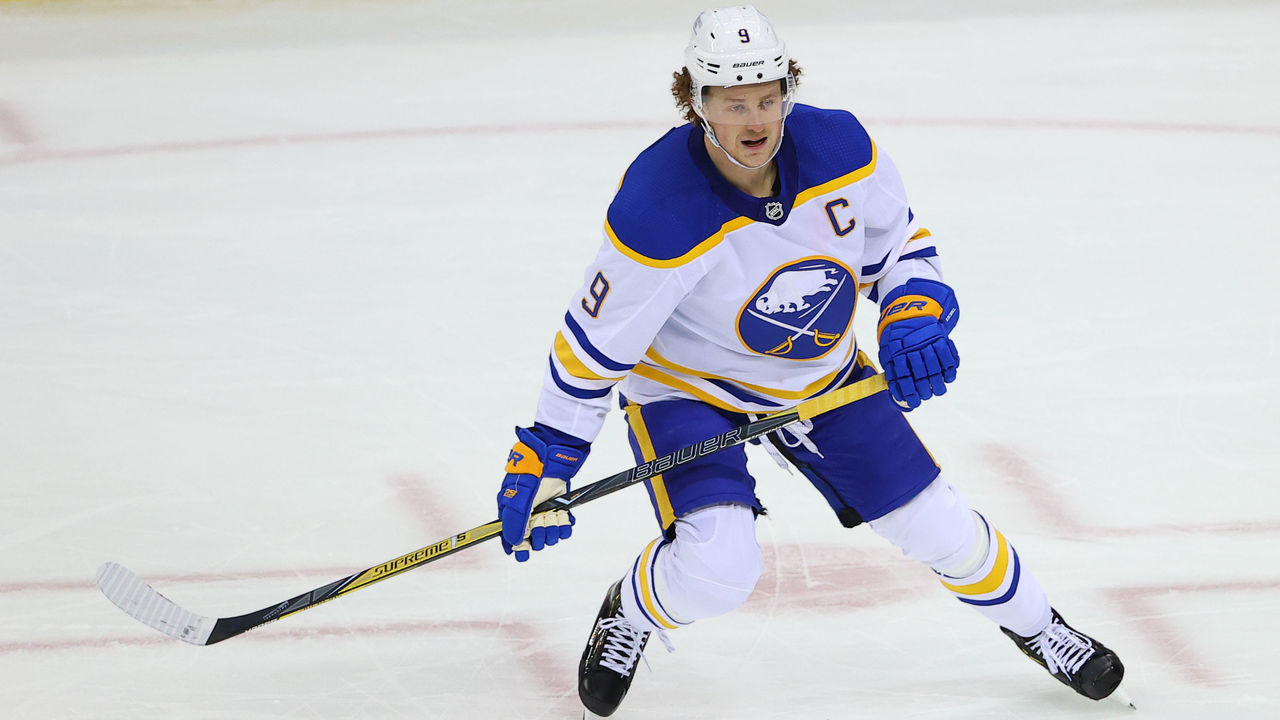 NEWARK, NJ - FEBRUARY 23: Buffalo Sabres center Jack Eichel (9) skates during the first period of the National Hockey League game between the New Jersey Devils and tyhe Buffalo Sabres on February 23, 2021 at the Prudential Center in Newark, NJ.