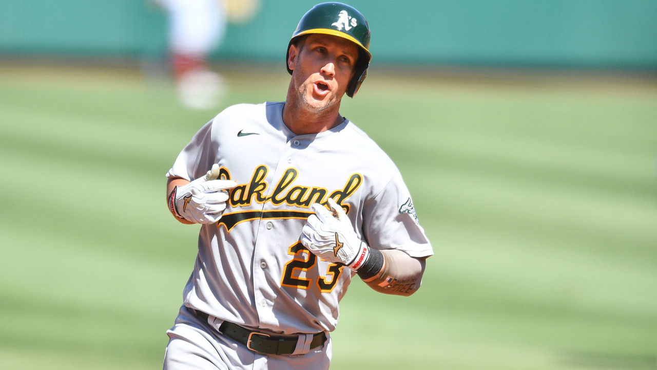 ANAHEIM, CA - SEPTEMBER 18: Oakland Athletics catcher Yan Gomes (23) celebrates a home run during the MLB game between the Oakland Athletics and the Los Angeles Angels of Anaheim on September 18, 2021 at Angel Stadium of Anaheim in Anaheim, CA.