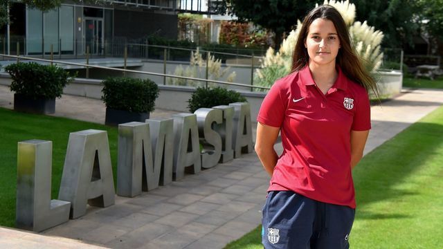 Barcelona's women's B team Spanish goalkeeper Laura Coronado poses in front of the La Masia Residence, Oriol Tort Education Center, in Sant Joan Despi on September 20, 2021. - Many players from Barcelona's youth system go on to have careers in football, as Lionel Messi, Xavi, Andres Iniesta, Sergio Busquets, Carles Puyol, Pep Guardiola or Gerard Pique.