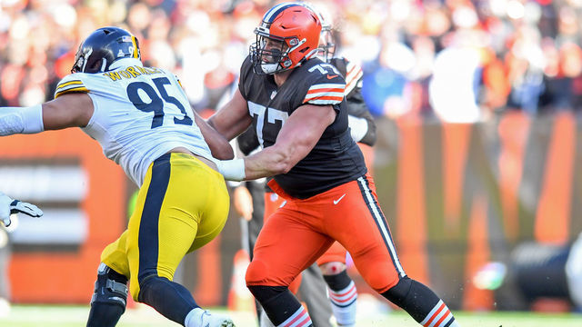 CLEVELAND, OH - OCTOBER 31: Wyatt Teller #77 of the Cleveland Browns blocks Chris Wormley #95 of the Pittsburgh Steelers during the second half at FirstEnergy Stadium on October 31, 2021 in Cleveland, Ohio.
