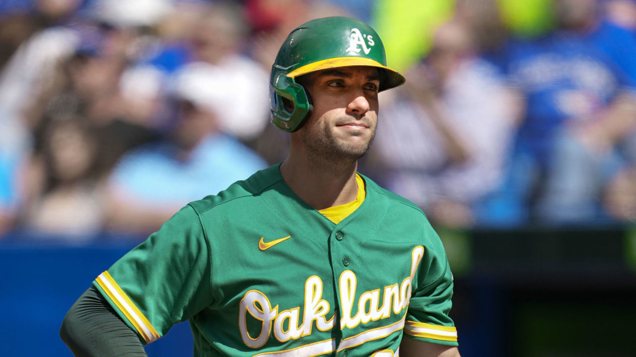 TORONTO, ONTARIO - SEPTEMBER 5: Matt Olson #28 of the Oakland Athletics reacts during an at-bat against the Toronto Blue Jays in the sixth inning during their MLB game at the Rogers Centre on September 5, 2021 in Toronto, Ontario, Canada.
