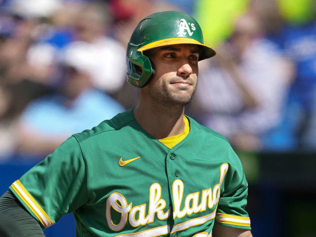 TORONTO, ONTARIO - SEPTEMBER 5: Matt Olson #28 of the Oakland Athletics reacts during an at-bat against the Toronto Blue Jays in the sixth inning during their MLB game at the Rogers Centre on September 5, 2021 in Toronto, Ontario, Canada.