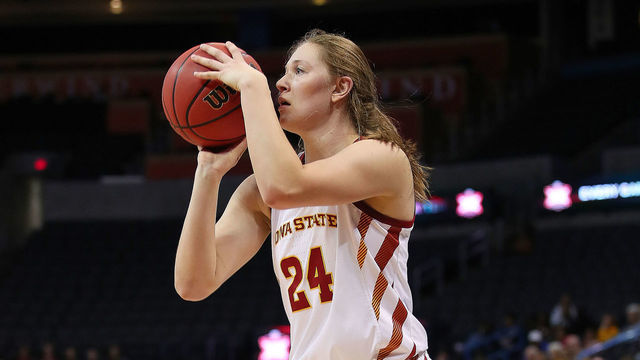 OKLAHOMA CITY, OK - MARCH 09: Iowa State Cyclones Guard Ashley Joens (24) looks to shoot during the BIG12 Women's basketball tournament between the Iowa State and the Kansas on March 9, 2019, at the Chesapeake Energy Arena in Oklahoma City, OK.