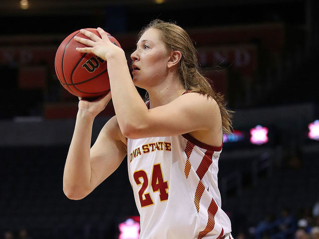 OKLAHOMA CITY, OK - MARCH 09: Iowa State Cyclones Guard Ashley Joens (24) looks to shoot during the BIG12 Women's basketball tournament between the Iowa State and the Kansas on March 9, 2019, at the Chesapeake Energy Arena in Oklahoma City, OK.
