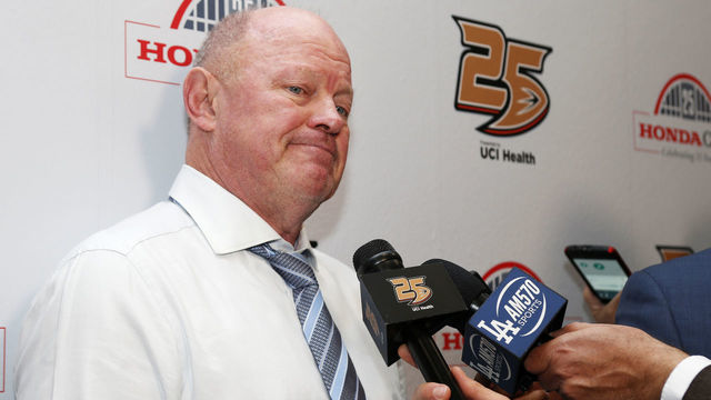 ANAHEIM, CA - FEBRUARY 13: Interim head coach of the Anaheim Ducks, Bob Murray talks during an interview following a 1-0 win over the Vancouver Canucks on February 13, 2019 at Honda Center in Anaheim, California.