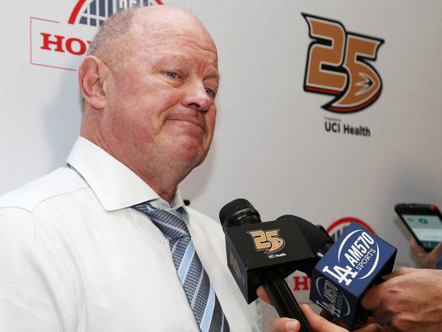 ANAHEIM, CA - FEBRUARY 13: Interim head coach of the Anaheim Ducks, Bob Murray talks during an interview following a 1-0 win over the Vancouver Canucks on February 13, 2019 at Honda Center in Anaheim, California.