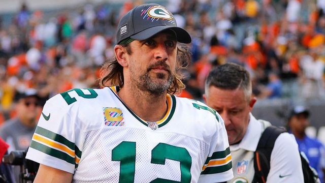 CINCINNATI, OH - OCTOBER 10: Green Bay Packers quarterback Aaron Rodgers (12) walks off the field after the game against the Green Bay Packers and the Cincinnati Bengals on October 10, 2021, at Paul Brown Stadium in Cincinnati, OH.