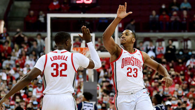 COLUMBUS, OHIO - NOVEMBER 09: E.J. Liddell #32 and Zed Key #23 of the Ohio State Buckeyes celebrate a basket during the first half of the game against the Akron Zips at Value City Arena on November 09, 2021 in Columbus, Ohio.
