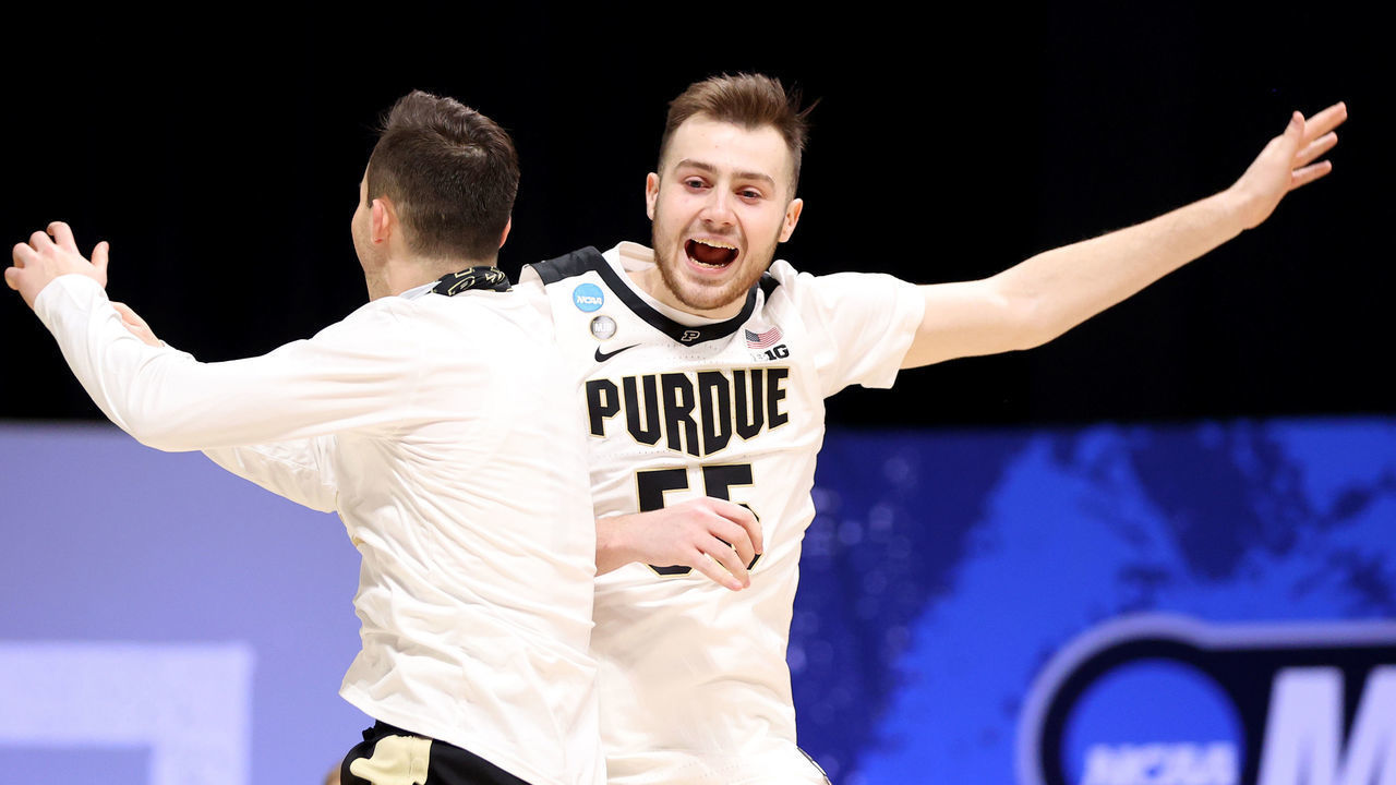 INDIANAPOLIS, IN - MARCH 19: Sasha Stefanovic #55 of the Purdue Boilermakers is introduced against the North Texas Mean Green in the first round of the 2021 NCAA Division I Mens Basketball Tournament held at Lucas Oil Stadium on March 19, 2021 in Indianapolis, Indiana.