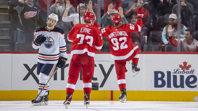 DETROIT, MI - NOVEMBER 09: Vladislav Namestnikov #92 of the Detroit Red Wings pumps his fist at the crowd after scoring his second goal during the second period of an NHL game against the Edmonton Oilers at Little Caesars Arena on November 9, 2021 in Detroit, Michigan.