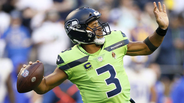 SEATTLE, WASHINGTON - OCTOBER 07: Russell Wilson #3 of the Seattle Seahawks passes against the Los Angeles Rams during the first half at Lumen Field on October 07, 2021 in Seattle, Washington.