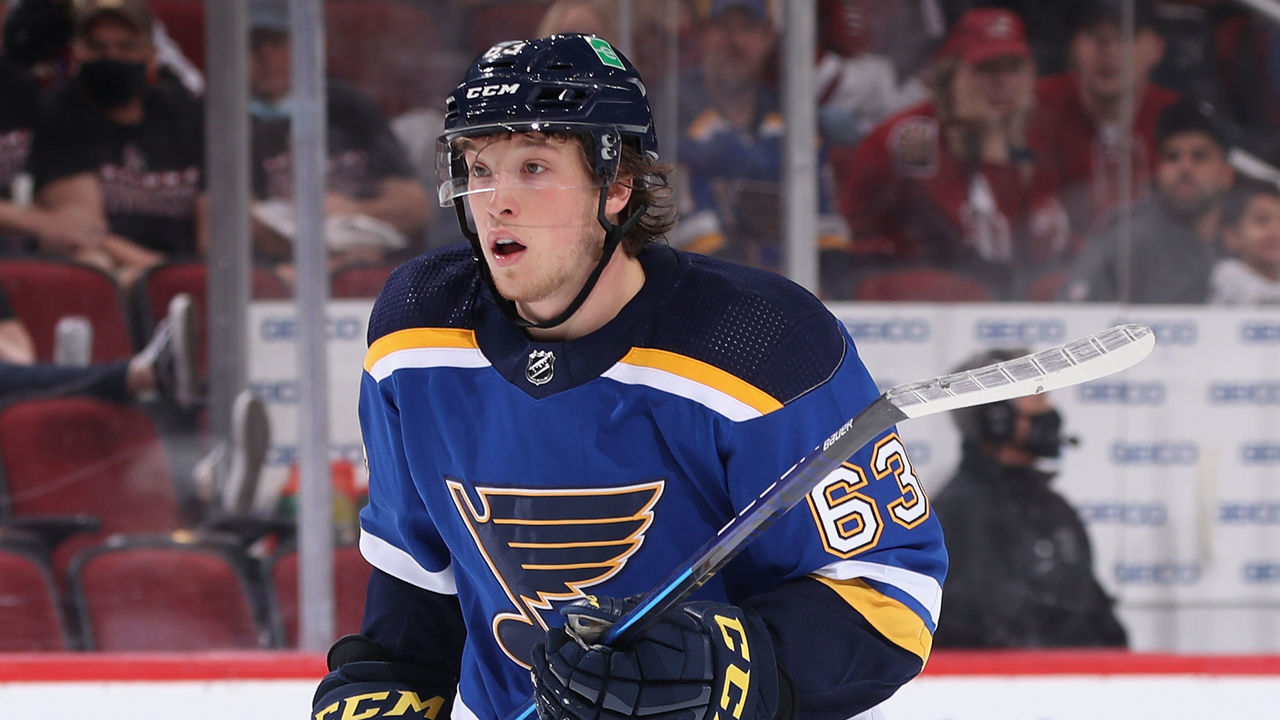 GLENDALE, ARIZONA - OCTOBER 18: Jake Neighbours #63 of the St. Louis Blues during the NHL game at Gila River Arena on October 18, 2021 in Glendale, Arizona. The Blues defeated the Coyotes 7-4.