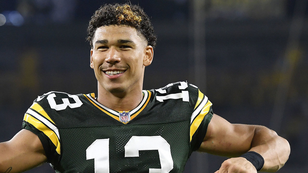 GREEN BAY, WISCONSIN - SEPTEMBER 20: Allen Lazard #13 of the Green Bay Packers reacts as he walks of the field following the team's win against the Detroit Lions during an NFL football game at Lambeau Field on September 20, 2021 in Green Bay, Wisconsin.