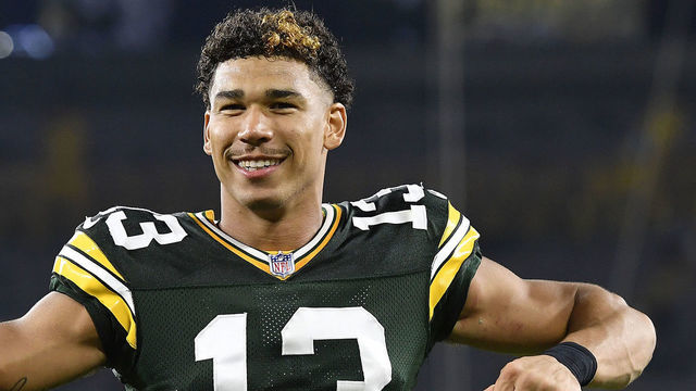 GREEN BAY, WISCONSIN - SEPTEMBER 20: Allen Lazard #13 of the Green Bay Packers reacts as he walks of the field following the team's win against the Detroit Lions during an NFL football game at Lambeau Field on September 20, 2021 in Green Bay, Wisconsin.