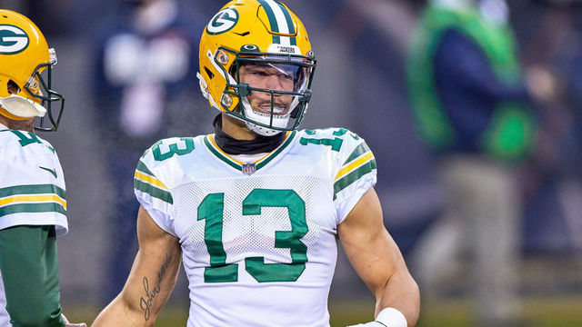 CHICAGO, IL - JANUARY 03: Green Bay Packers wide receiver Allen Lazard (13) looks on in action during a game between the Chicago Bears and the Green Bay Packers on January 03, 2021 at Soldier Field in Chicago, IL.