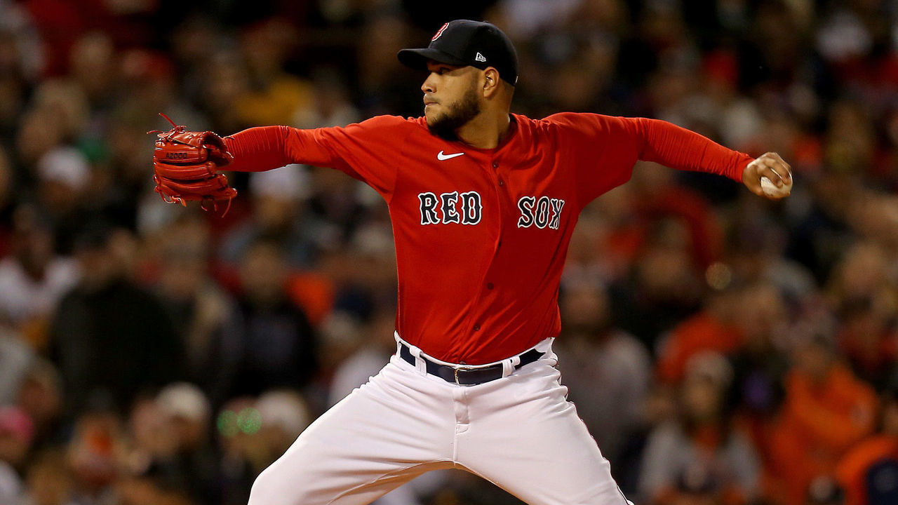 BOSTON MA - October 18: Eduardo Rodriguez #57 of the Boston Red Sox pitches during the first inning of Game 3 of the ALCS against the Houston Astros at Fenway Park on October 18, 2021 in Boston, Massachusetts. (Staff Photo By Matt Stone/MediaNews Group/Boston Herald)