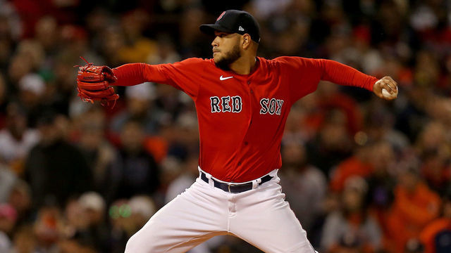 BOSTON MA - October 18: Eduardo Rodriguez #57 of the Boston Red Sox pitches during the first inning of Game 3 of the ALCS against the Houston Astros at Fenway Park on October 18, 2021 in Boston, Massachusetts. (Staff Photo By Matt Stone/MediaNews Group/Boston Herald)