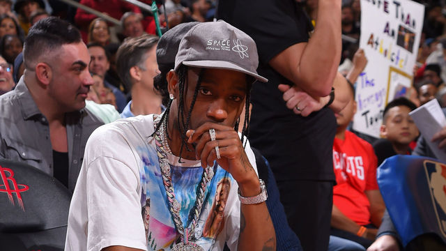 HOUSTON, TX - JANUARY 18 : Rapper, Travis Scott attends a game between the Los Angeles Lakers and the Houston Rockets January 18, 2020 at the Toyota Center in Houston, Texas. Mandatory Copyright Notice: Copyright 2020 NBAE