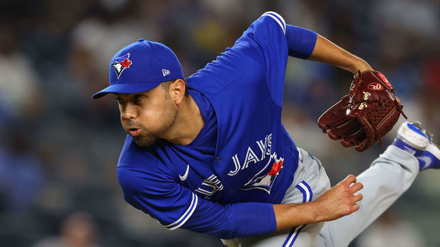NEW YORK, NY - SEPTEMBER 07: Joakim Soria #28 of the Toronto Blue Jays in action during a game against the New York Yankees at Yankee Stadium on September 7, 2021 in New York City.