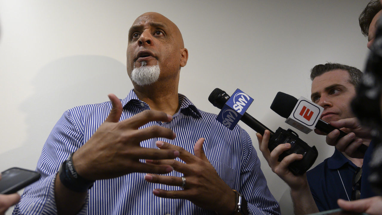 Port St. Lucie, Florida: Executive Director of the Major League Baseball Players Association Tony Clark answering questions about the sign stealing scandal before a spring training workout on February 19, 2020 at Clover Park in Port St. Lucie, Florida.