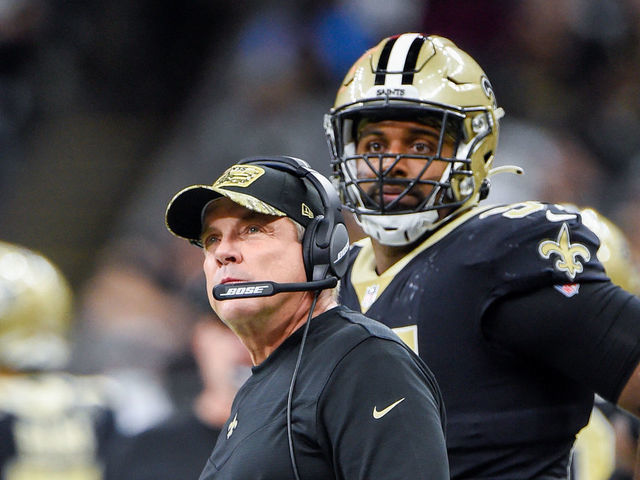 NEW ORLEANS, LA - NOVEMBER 07: New Orleans Saints head coach Sean Payton watches a replay on the jumbotron during the football game between the Atlanta Falcons and New Orleans Saints at Caesar's Superdome on November 7, 2021 in New Orleans, LA.