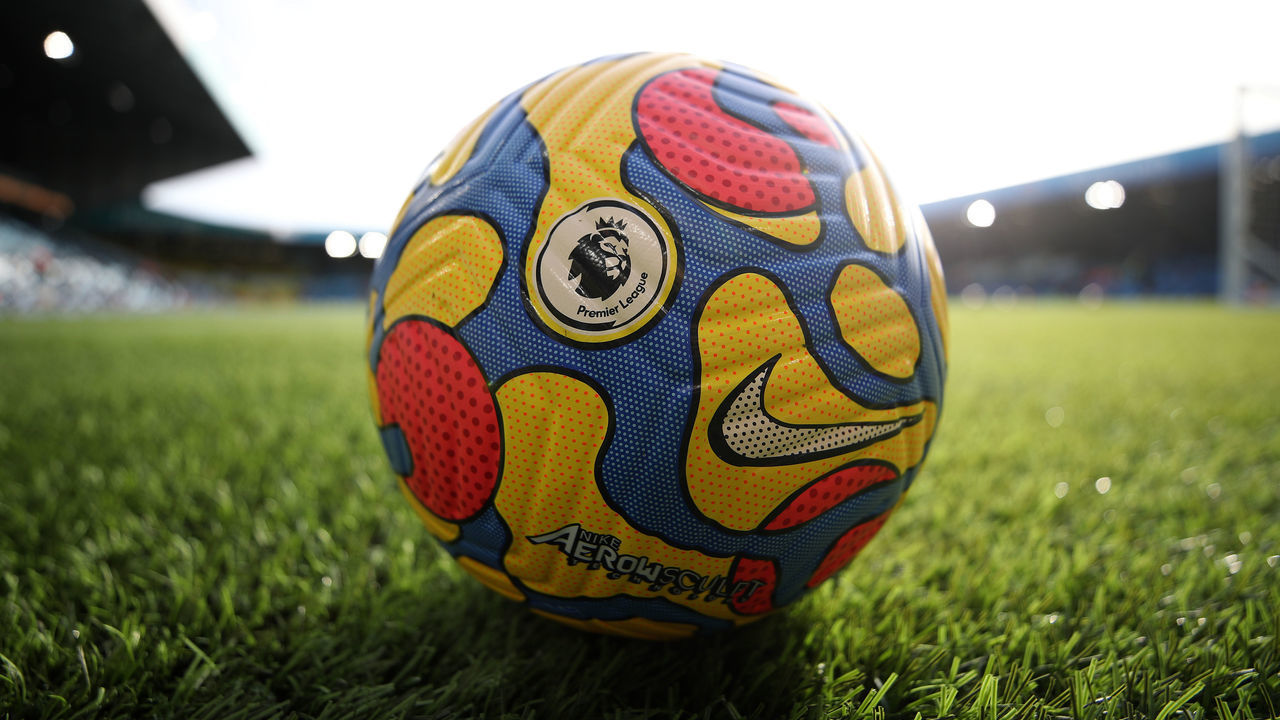 LEEDS, ENGLAND - NOVEMBER 07: A detailed view of the Nike Flight Hi Vis winter ball match ball during the Premier League match between Leeds United and Leicester City at Elland Road on November 07, 2021 in Leeds, England.