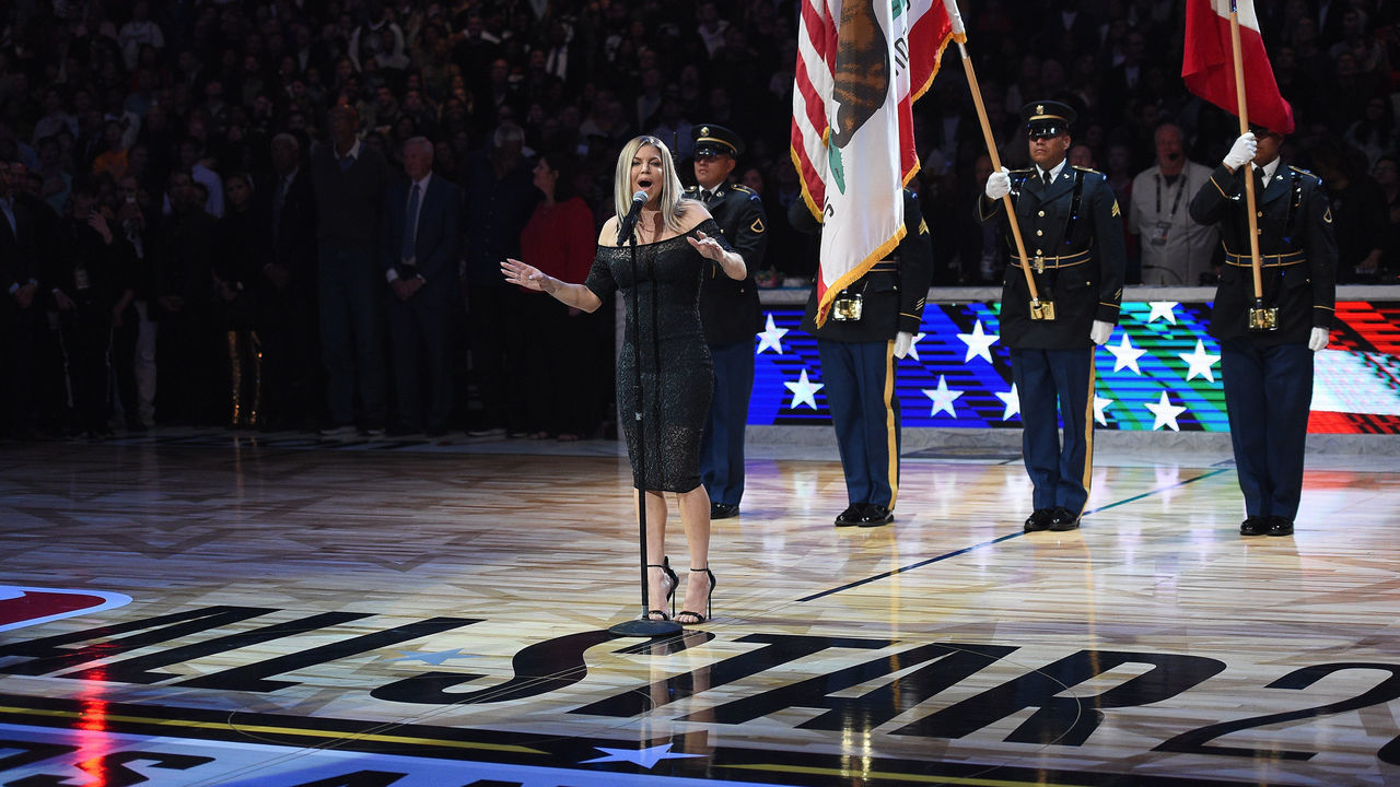 LOS ANGELES, CA - FEBRUARY 18: Fergie sings the National Anhtem prior to the NBA All-Star Game 2018 at Staples Center on February 18, 2018 in Los Angeles, California.