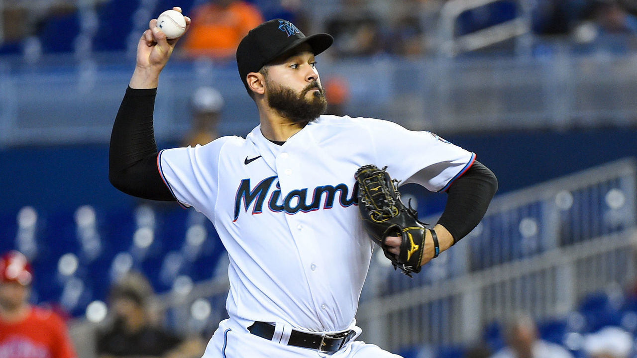 MIAMI, FLORIDA - OCTOBER 03: Pablo Lopez #49 of the Miami Marlins throws a pitch during the second inning against the Philadelphia Phillies at loanDepot park on October 03, 2021 in Miami, Florida.
