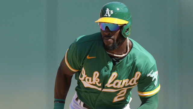 OAKLAND, CALIFORNIA - SEPTEMBER 12: Starling Marte #2 of the Oakland Athletics runs the bases against the Texas Rangers in the bottom of the six inning at RingCentral Coliseum on September 12, 2021 in Oakland, California.