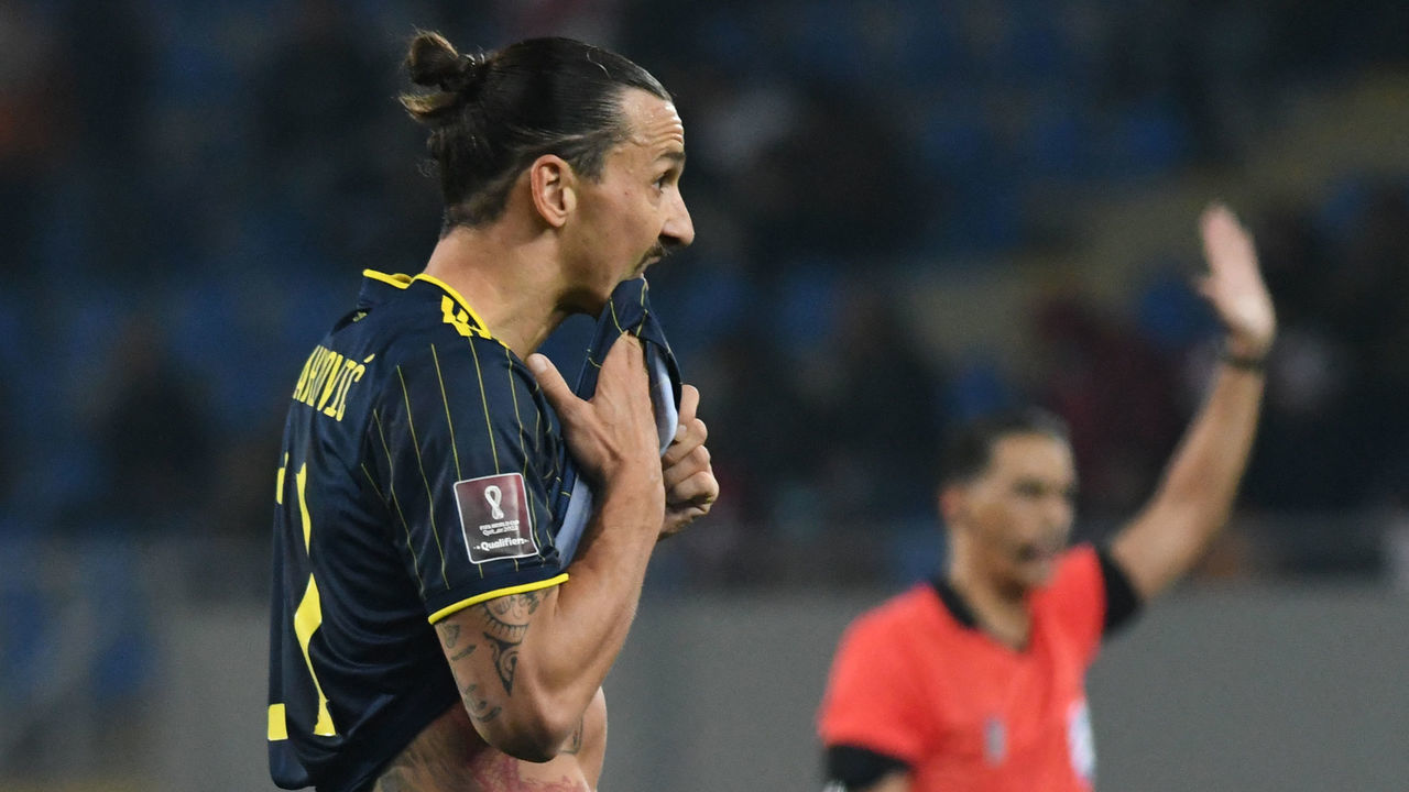 Sweden's forward Zlatan Ibrahimovic reacts during the FIFA World Cup Qatar 2022 qualification football match between Georgia and Sweden in Batumi on November 11, 2021.