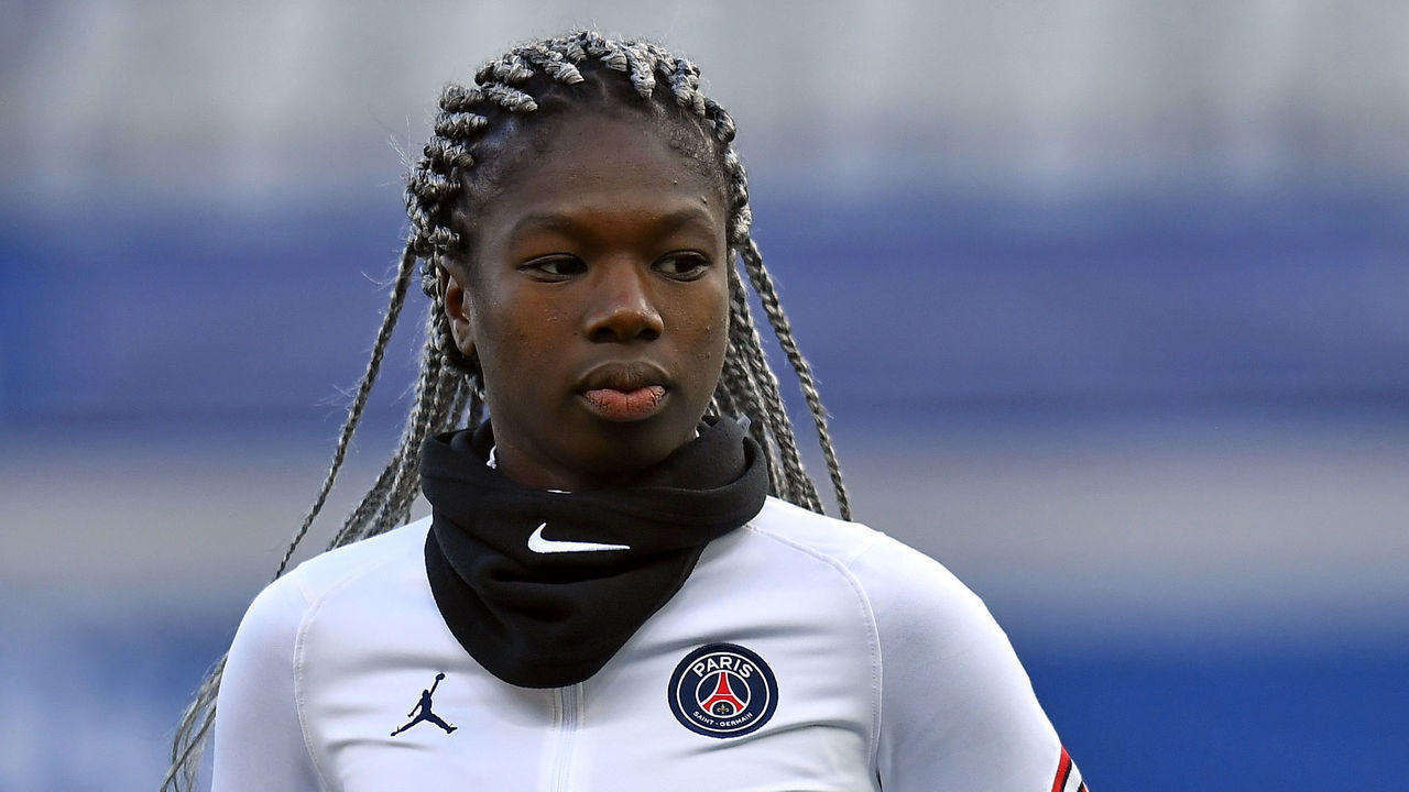PARIS, FRANCE - OCTOBER 13: Aminata Diallo of Paris Saint-Germain warms up before the UEFA Women's Champions League group B match between Paris Saint-Germain and WFC Zhytlobud-1 Kharkiv at Stade Jean Bouin on October 13, 2021 in Paris, France.