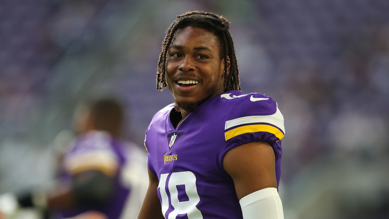 MINNEAPOLIS, MN - AUGUST 21: Justin Jefferson #18 of the Minnesota Vikings looks on before the start of a preseason game against the Indianapolis Colts at U.S. Bank Stadium on August 21, 2021 in Minneapolis, Minnesota. The Colts defeated the Vikings 12-10.