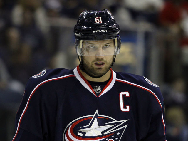 COLUMBUS, OH - OCTOBER 10: Rick Nash #61 of the Columbus Blue Jackets looks on against the Vancouver Canucks during the game at Nationwide Arena on October 10, 2011 in Columbus, Ohio. The Canucks won 3-2.
