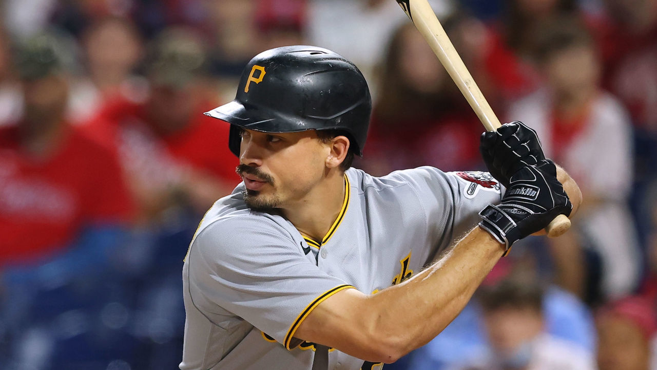 PHILADELPHIA, PA - SEPTEMBER 24: Bryan Reynolds #10 of the Pittsburgh Pirates in action against the Philadelphia Phillies during a game at Citizens Bank Park on September 24, 2021 in Philadelphia, Pennsylvania.