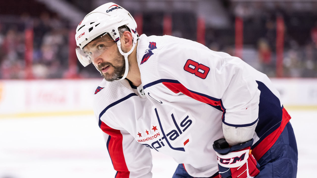 OTTAWA, ON - OCTOBER 25: Washington Capitals Left Wing Alex Ovechkin (8) looks on during the first period of the NHL game between the Ottawa Senators and the Washington Capitals on October 25, 2021 at the Canadian Tire Centre in Ottawa, Ontario, Canada.