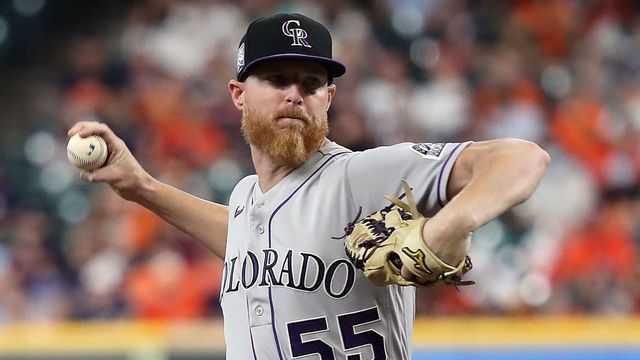 HOUSTON, TEXAS - AUGUST 10: Jon Gray #55 of the Colorado Rockies pitches in the first inning against the Houston Astros at Minute Maid Park on August 10, 2021 in Houston, Texas.