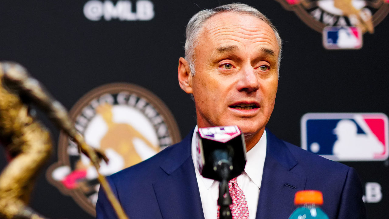 HOUSTON, TX - OCTOBER 27: Commissioner Rob Manfred talks during a press conference presenting the Roberto Clemente Award to Nelson Cruz of the Tampa Bay Rays prior to Game 2 of the 2021 World Series between the Atlanta Braves and the Houston Astros at Minute Maid Park on Wednesday, October 27, 2021 in Houston, Texas.