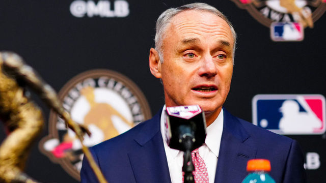 HOUSTON, TX - OCTOBER 27: Commissioner Rob Manfred talks during a press conference presenting the Roberto Clemente Award to Nelson Cruz of the Tampa Bay Rays prior to Game 2 of the 2021 World Series between the Atlanta Braves and the Houston Astros at Minute Maid Park on Wednesday, October 27, 2021 in Houston, Texas.