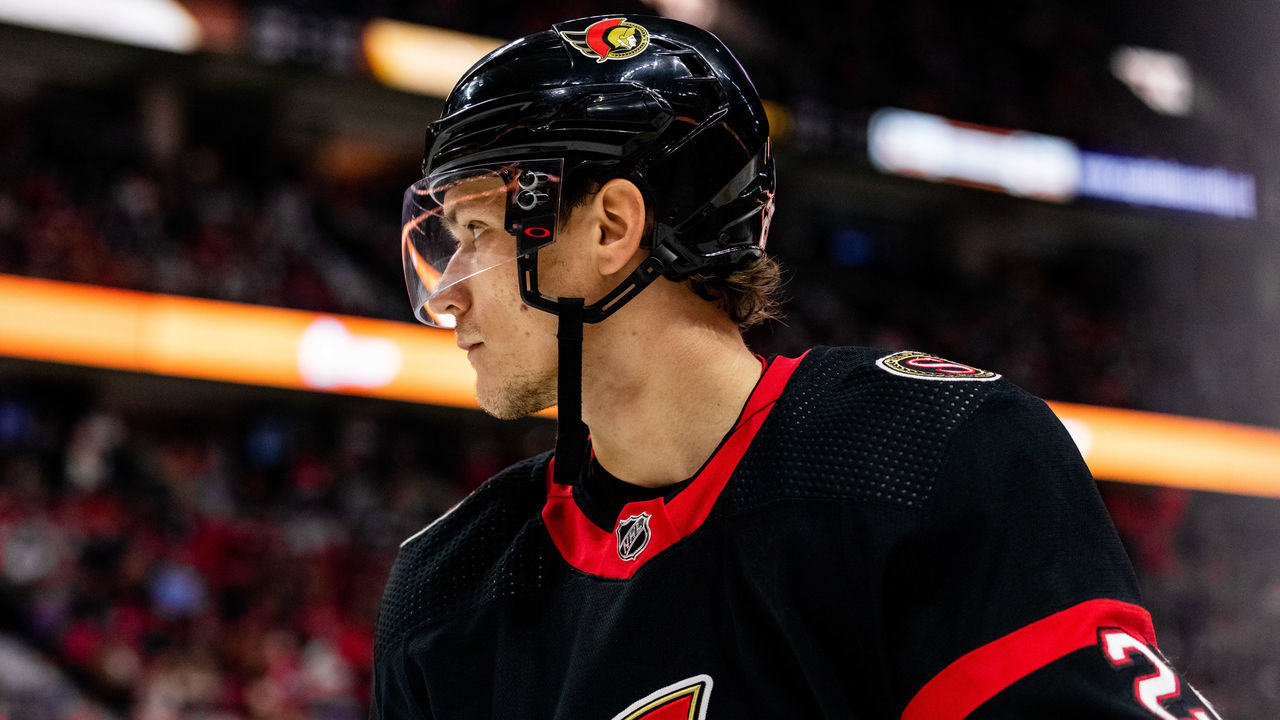 OTTAWA, ON - OCTOBER 21: Ottawa Senators Defenceman Nikita Zaitsev (22) before a face-off during third period National Hockey League action between the San Jose Sharks and Ottawa Senators on October 21, 2021, at Canadian Tire Centre in Ottawa, ON, Canada.