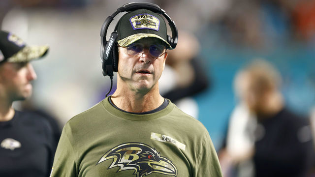 MIAMI GARDENS, FLORIDA - NOVEMBER 11: Head coach John Harbaugh of the Baltimore Ravens looks on against the Miami Dolphins during the third quarter in the game at Hard Rock Stadium on November 11, 2021 in Miami Gardens, Florida.